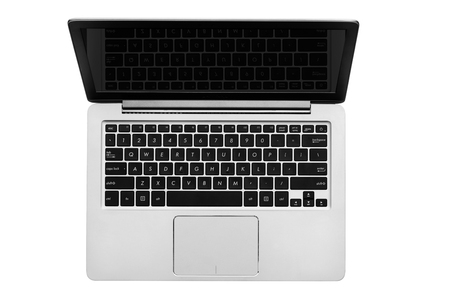 Gray silver computer notebook top view isolated on white backgroundの写真素材
