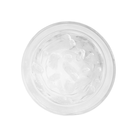 Glass of fresh water and ice cube isolated on white background top viewの写真素材
