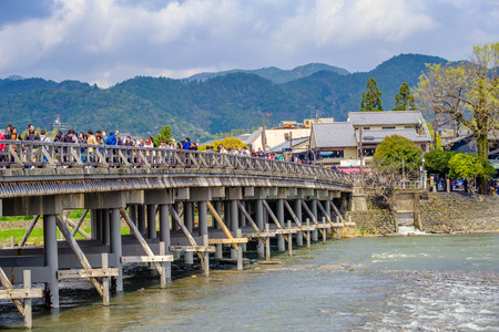 Kyoto, Japan - Apr,5 2017 : Crowded tourist people at Arashiyama bridgeのeditorial素材