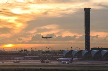 BANGKOK-January 2: Suvarnabhumi Airport at sunset on March 17, 2017 in Bangkok ,Thailand. This airport is the world's third largest single building airport terminal designed by Helmut Jahn.のeditorial素材