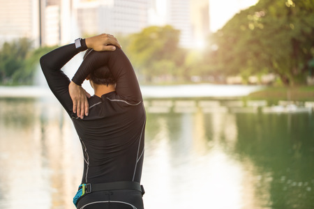 preparing for morning workout in the park cityの写真素材