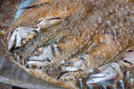 Fish frying in hot oilの写真素材
