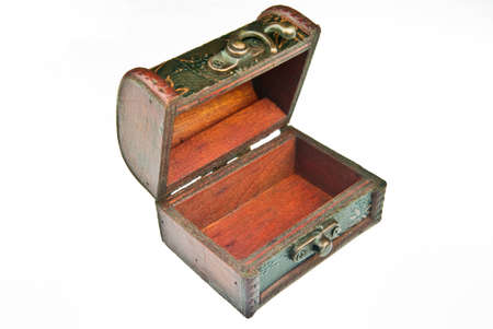 Old style wooden box with metal parts isolated on white background.の写真素材