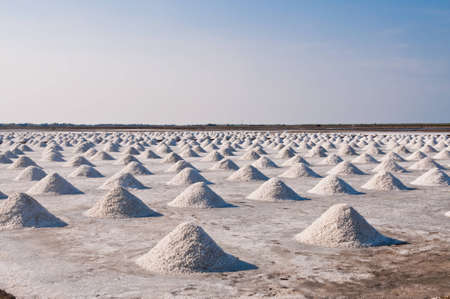 Salt fields with piled up sea salt in Thailandの写真素材