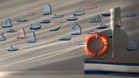 Sunlight and shadow stripes on surface of orange lifebuoy, white  paddle and part of wooden boat with many 3d wall stickers in various boats on grey cement wall background in living room areaの写真素材