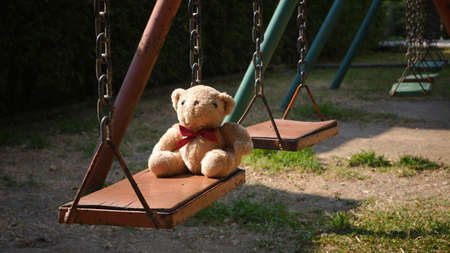 Morning sunshine on surface of little teddy bear sitting on swing set in playground at public parkの写真素材