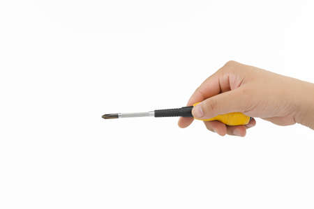 Man hand holding cross - reset head screwdriver on isolated white background