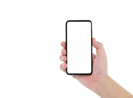 Man's right hand holding black mobile phone with blank screen on isolated white backgroundの写真素材