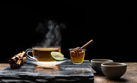 Aromatic herbal hot tea in glass teacup with steam and honey on black stone plate in dark backgroundの写真素材