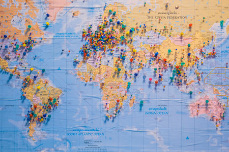 Bangkok, Thailand - April 14,2021: Many mini colorful pins on world map board represent tourists from all over the world who have visited this placeのeditorial素材