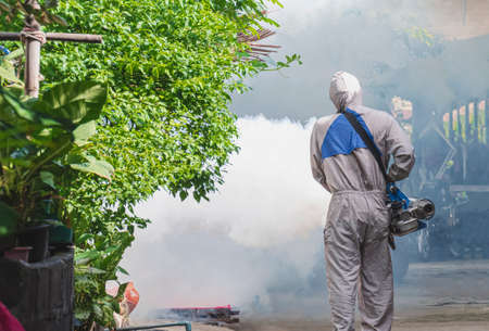 Rear view of outdoor healthcare worker using fogging machine spraying chemical to eliminate mosquitoes and prevent dengue fever on overgrown in slum areaの写真素材