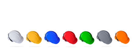 Row of various colors safety helmets set on isolated white background in panoramic viewの写真素材