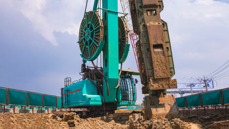 Earth drilling crawler crane with hydraulic diaphragm wall equipments is working in road...