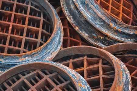 Background and texture of many old rusty manhole covers for recyclingの写真素材