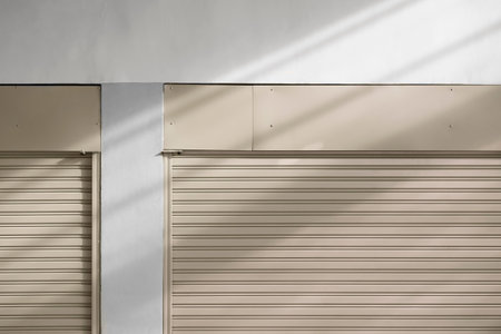 Light and shadow on part of 2 beige steel roller shutter doors of warehouse, front view with copy...