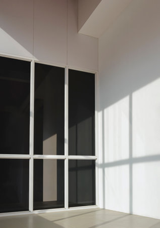 Sunlight and shadow on surface of black tinted glass with white concrete wall of office building...
