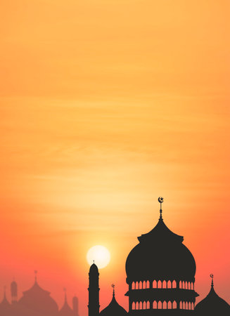 Silhouette Mosque dome with blurred beautiful Sunset Sky Background in Vertical frame, backdrop design for iftar period during Ramadan Holy monthの写真素材