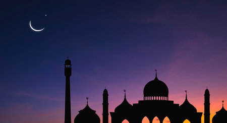 Silhouette Mosques Dome and Crescent Moon on dark blue Twilight sky background, backdrop design for Ramadan holy month and free space for text arabic, Eid al-Adha, Eid al-fitr, Mubarakの写真素材