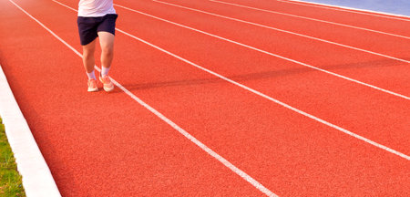 Low section of young man jogging on running track in outdoors stadium, panoramic view with motion blurredの写真素材