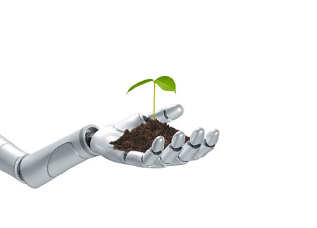 Robot Hand Holding Sprout isolated on white background with clipping path, concept of applying Artificial Intelligence Technology in Cultivation and Nature Conservation, 3d renderの写真素材