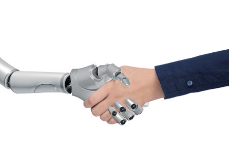 Robot and Businessman Shaking Hands on isolated white background with clipping path, 3d render, Concept of using modern Artificial Intelligence Technology in Business administrationの写真素材