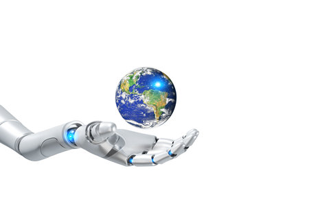 Robot Hand Holding planet Earth isolated on white background with clipping path, 3d rendering, Elements of this image furnishedの写真素材