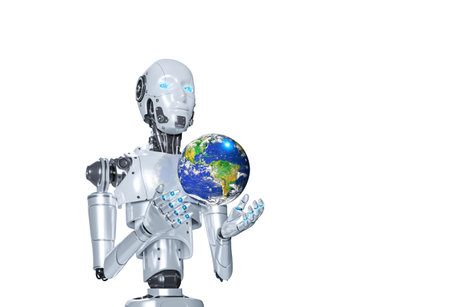 Robot Holding planet Earth isolated on white background with clipping path, 3d rendering, Elements of this image furnishedの写真素材