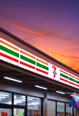Samut Sakhon, Thailand - March 16, 2023 : Perspective side view of 7-Eleven convenience store with...