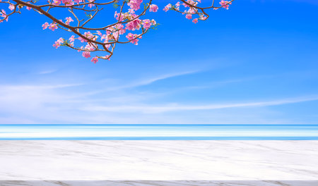 Empty white Marble Table with pink Tecoma tree branch on blurred sea view background for Products Introduction Display Presentation in summer and spring styleの写真素材