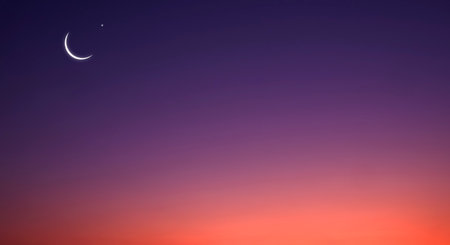 Crescent Moon and Star on horizontal Twilight Sky background with beautiful orange sunlight on dark blue evening sky and free Space for editing arabic text, Ramadan, Eid al-Adha, Eの写真素材