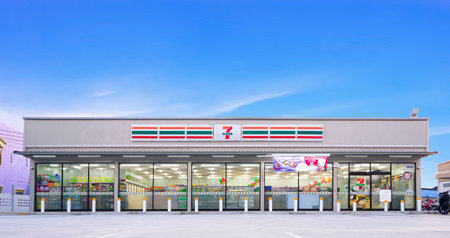 Samut Sakhon, Thailand - March 27, 2023 : Panoramic view of large 7-11 convenience store is undergoing interior decoration and product placement to be open for service in the next few daysのeditorial素材