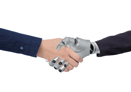 Businessman hand with cyborg prosthetic arm shaking hands with young businessman on isolated white background 3d renderの写真素材