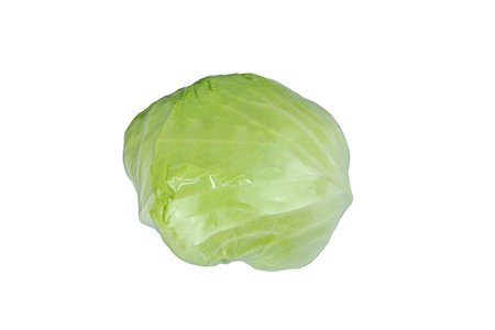 Organic cabbage with Plastic Wrapping isolated on white backgroundの写真素材