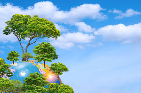 Group of Green Trees growing on Earth model against clouds on blue Sky Background, Save earth and World Environment Day Conceptの写真素材