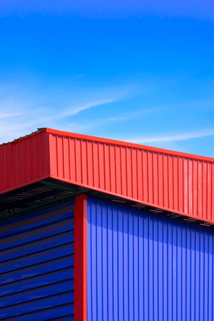 Blue Corrugated Steel Wall with Aluminium louver and red roof of Warehouse Building against blue sky background in Vertical frameの写真素材