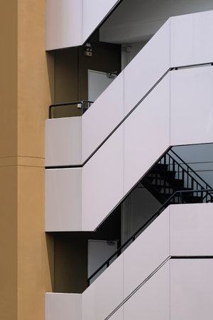 Fire Escape outside of modern office Building in perspective side view and Vertical frame, Exterior...