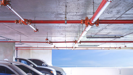 Red fire protective water pipeline system on concrete ceiling inside of parking garage building,...