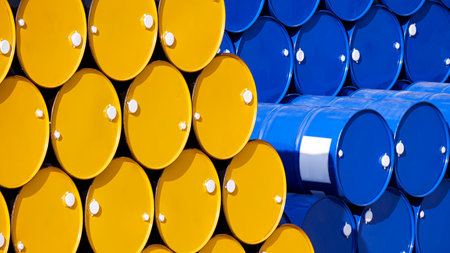 Background of many yellow and blue 200 liter oil drums stacked in perspective side viewの写真素材