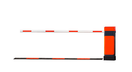 Colorful Automatic car barrier with speed bump isolated on white background with clipping pathの写真素材