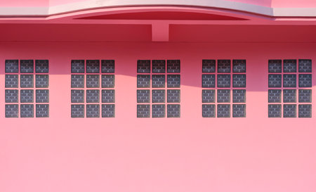Row of Glass brick blocks under balcony on pink concrete wall of modern house building with sunlight and shadow on surfaceの写真素材