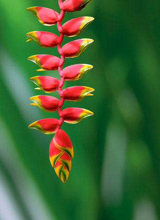Beautiful red Heliconia rostrata or parrot's beak, hanging lobster claw or bird of paradise flower on blurred greenery background in vertical frameの写真素材