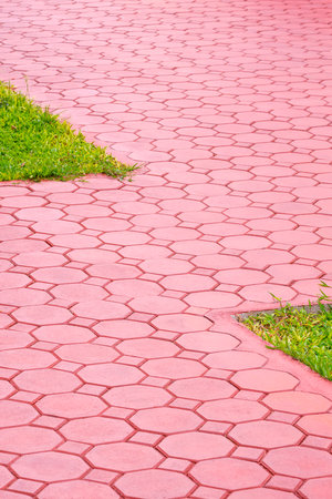 Geometric background zigzag pattern of red octagonal stone brick blocks pavement floor with grass at public park in vertical frameの写真素材
