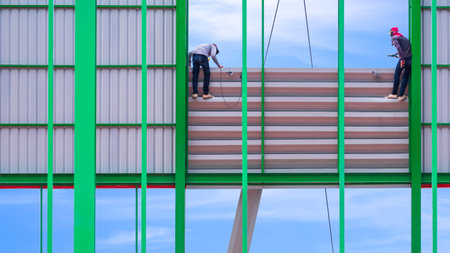 Selective focus at 2 construction workers installing aluminum louver on metal structure of industrial building wall in construction siteの写真素材