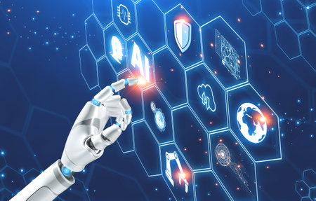 Robot Hand Touching AI icon on graphic virtual interface touchscreen, 3D Rendering Artificial Intelligence technology and machine learning for human life development in the future conceptの写真素材
