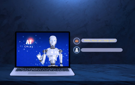 3D Rendering Artificial Intelligence AI technology of chatbot software assistant conversation in laptop monitor on desk in dark blue workspace backgroundの写真素材