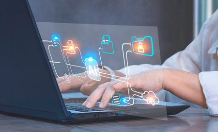 Businesswoman hands using Laptop on office desk with Document Management System (DMS) Virtual screen with AI technology to manage files efficiently, conveniently, quickly and securelyの写真素材