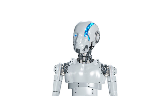 3D render of AI robot with digital graphic brain engine inside head isolated on white background...
