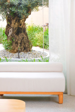White cozy couch in front of transparent glass wall and white curtain inside of modern living room with blurred home garden background in vertical frameの写真素材
