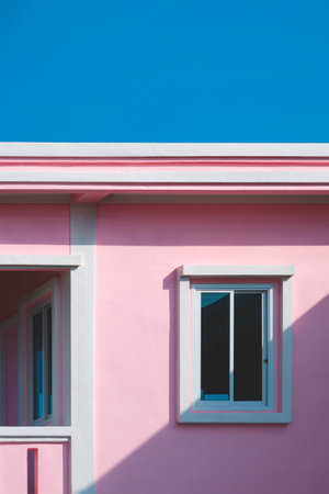 Sunlight and shadow on surface of tinted glass window on pink and white concrete wall with balcony...