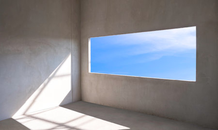 Blue sky view inside of Panoramic Window Frame with sunlight shining through into concrete Wall Room of incomplete modern House Building Structure in Construction Siteの写真素材